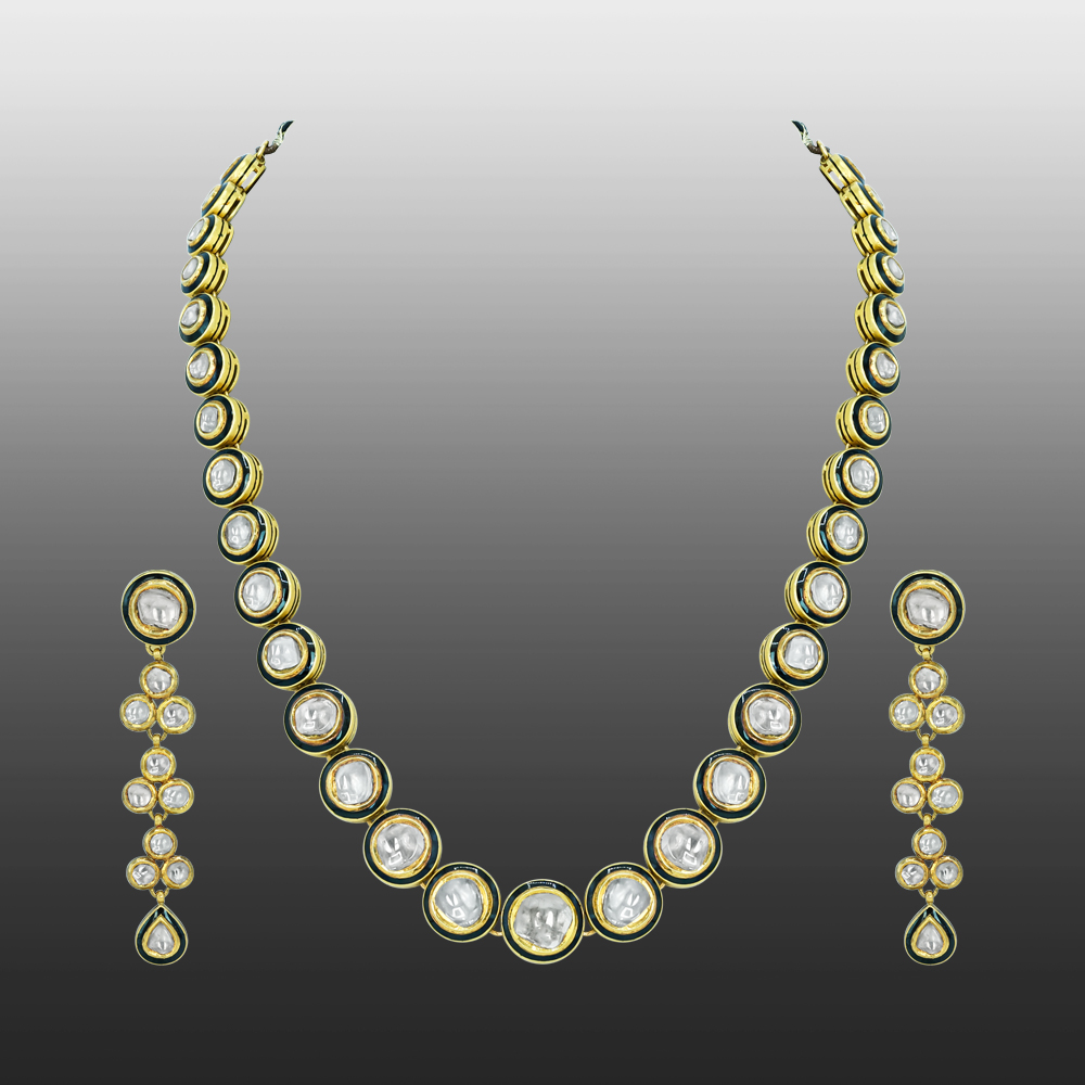 Black Enamel Polki Diamond Necklace Set for Timeless Elegance